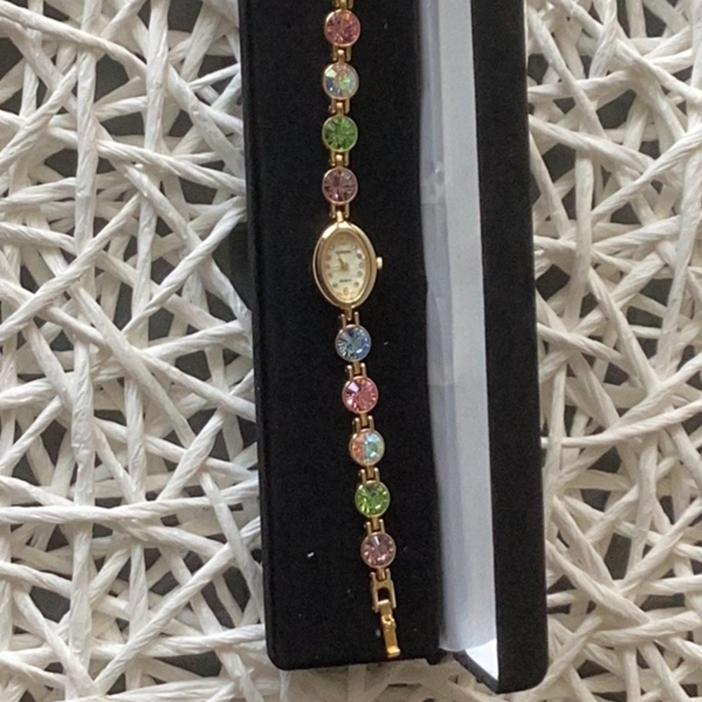 Persona Gold-Tone Bracelet Watch with Pink and Blue Crystal Accents